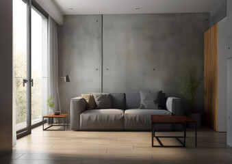 Detailed Modern Interior Design of Scandinavian Living Space, Grey leather sofa, concrete wall Generative AI