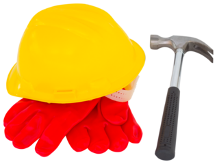 Yellow hardhat with protective gloves and hammer