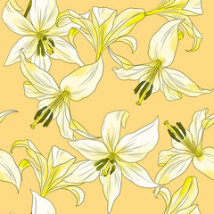 Obraz premium Seamless floral pattern with large white lilies on a pastel yellow background.