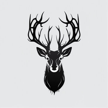 deer, horns,front view,black and white silhouette,white background,logo,minimal,flat design, 2D animation style
