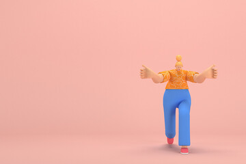 The woman with golden hair tied in a bun wearing blue corduroy pants and Orange T-shirt with white stripes.  He is pulling or pushing something. 3d rendering of cartoon character in acting.