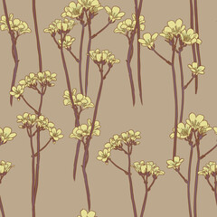 Seamless floral pattern with blossom yellow flowers on branches on neutral beige background.