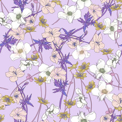 Seamless floral pattern with white rose hip flowers and different wildflowers on light lilac background