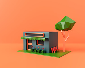 building exterior with bench and tree in orange studio