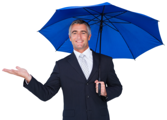 Smiling businessman holding blue umbrella with hand out