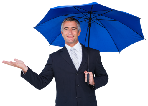 Smiling businessman holding blue umbrella with hand out