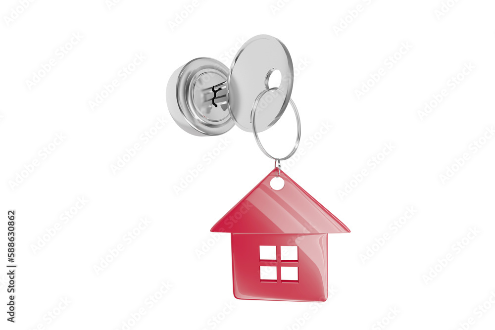 Poster close up of metallic key and lock with red home keychain