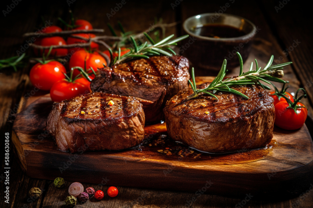 Wall mural Succulent thick juicy portions of grilled fillet steak served with tomatoes and roasted vegetables on an old wooden board