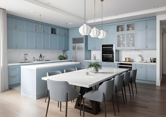Light Blue Modern Kitchen with Sleek Design, Sleek and Sophisticated Light Blue Kitchen with Marble Textured Wall and Leather Chairs