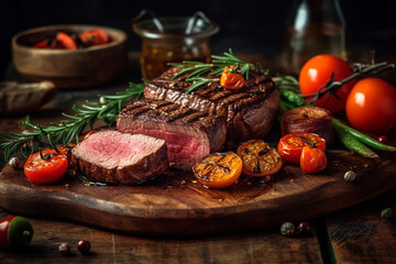 Succulent thick juicy portions of grilled fillet steak served with tomatoes and roasted vegetables on an old wooden board