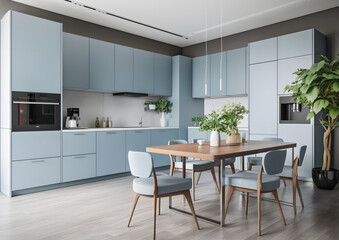 Light Blue Modern Kitchen with Sleek Design, Sleek and Sophisticated Light Blue Kitchen with Marble Textured Wall and Leather Chairs