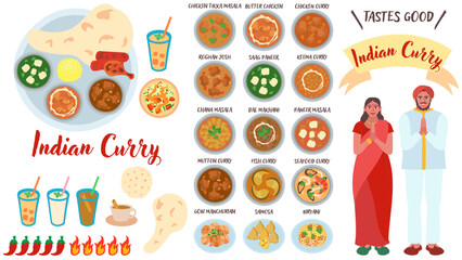 Fototapeta premium インドカレーレストランのカレーやサイドメニューのイラストセット。フラットなベクターイラスト。 Illustration set of Indian curry restaurant's curries and side dishes. Flat designed vector illustration.