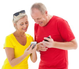 Happy mature couple looking at smartphone together