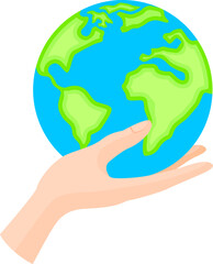 Human hand holding globe care about planet. World environment day. Earth day concept. Vector illustration.
