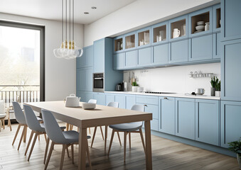 Fototapeta na wymiar Light Blue Modern Kitchen with Sleek Design, Sleek and Sophisticated Light Blue Kitchen with Marble Textured Wall and Leather Chairs