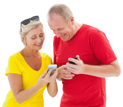 Happy mature couple looking at smartphone together