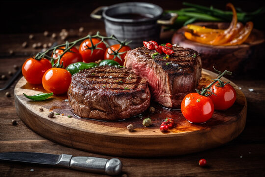 Succulent thick juicy portions of grilled fillet steak served with tomatoes and roasted vegetables on an old wooden board