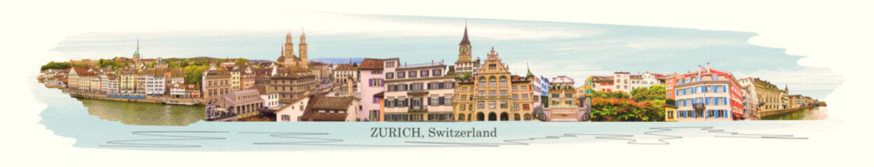 Obraz premium Beautiful view of Zurich and river Limmat at Switzerland. Collage or art design