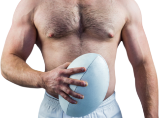 Shirtless rugby player holding ball