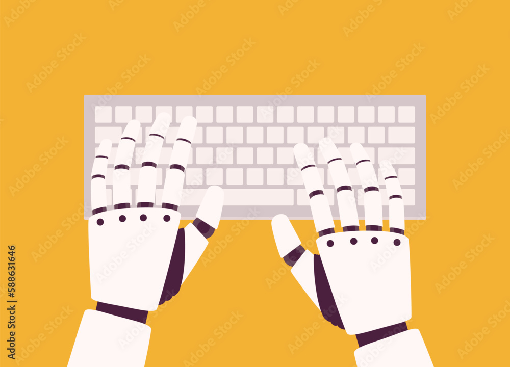 Aufkleber top view of both robotic’s hand typing on wireless computer keyboard. close-up. flat design style, c