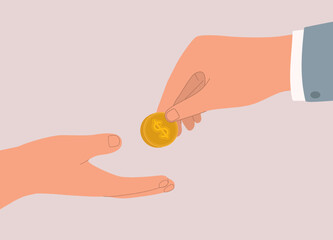 Businessman’s Hand Giving Gold Coin Money To Another’s Person Hand. Close-Up. Flat Design Style, Character, Cartoon.