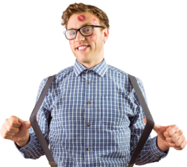 Geeky hipster covered in kisses