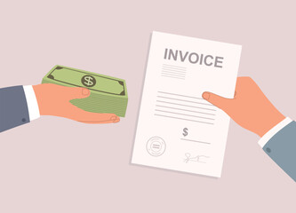 Businessman’s Hand Paying With Cash Money To Another Businessman With Hand Holding Invoice. Close-Up. Flat Design Style, Character, Cartoon.