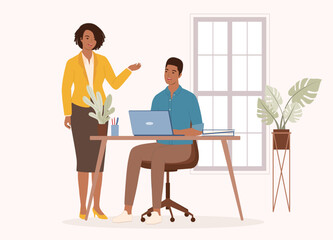 Smiling Black Woman Manager Talking With Her Employee At The Office. Full Length. Flat Design Style, Character, Cartoon.