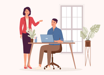Smiling Woman Manager Talking With Her Employee At The Office. Full Length. Flat Design Style, Character, Cartoon.