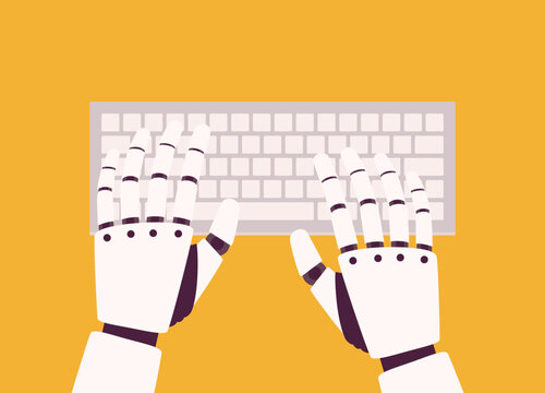 Top View Of Both Robotic’s Hand Typing On Wireless Computer Keyboard. Close-Up. Flat Design Style, Character, Cartoon.