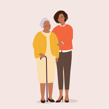 Smiling Black Adult Woman Holding Arm Of A Senior Woman With Walking Cane. Full Length. Flat Design Style, Character, Cartoon.