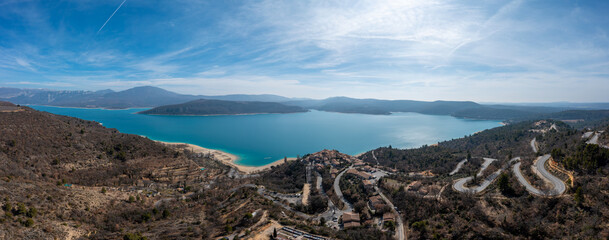 panorama view of the lake and village of Sainte-Croix-du-Verdon in the Haute Provence region of...