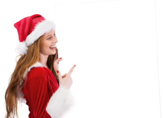 Festive redhead smiling at camera holding poster