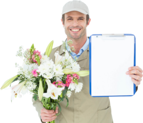Happy delivery man holding bouquet and clipboard