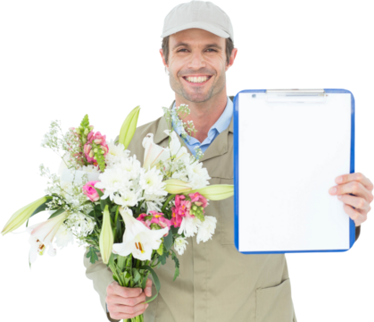 Happy delivery man holding bouquet and clipboard - Powered by Adobe