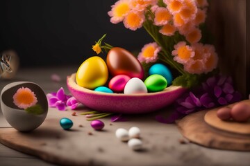 Obraz na płótnie Canvas Colorful illustration of easter eggs in a bowl with flowers