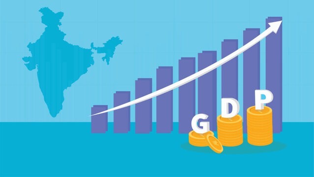Indian GDP Growth Illustration with Growing Bar Graph, Arrow Increasing Upward and Stack of Coins Displayed
