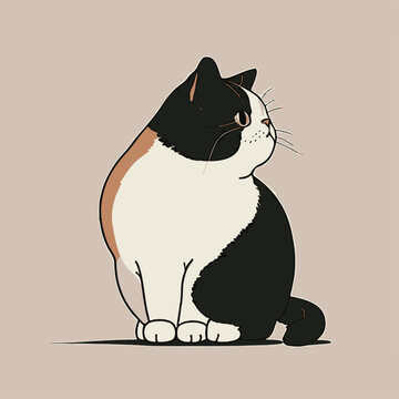 black and white cat, fat cat, illustration of a cartoon cat