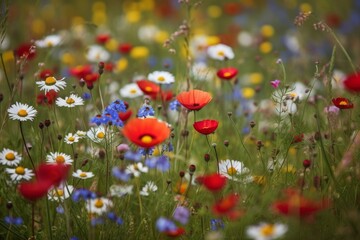 Spring wildflower fields: poppies, cornflowers, daisies, etc. (Generative AI)