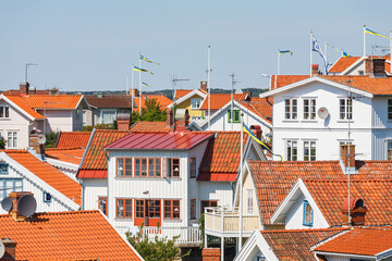 Residential area with white wooden houses in Sweden