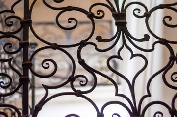 Fototapeta na wymiar Old wrought iron railing on a interior. Abstract. Layers.
