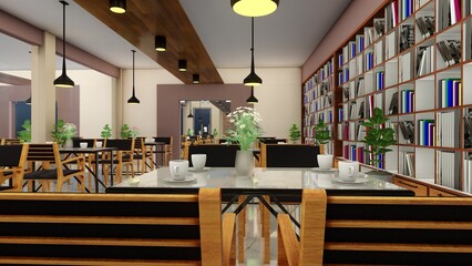 interior design, modern restaurant with bookshelves and windows background. 3d renders