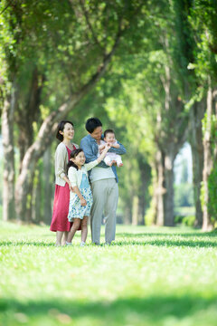 ポプラ並木で微笑む家族