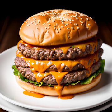 Tripple cheeseburger on plate