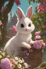 Easter bunny with flowers sitting in the garden. Generative AI