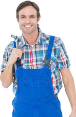 Confident plumber holding tool over white background