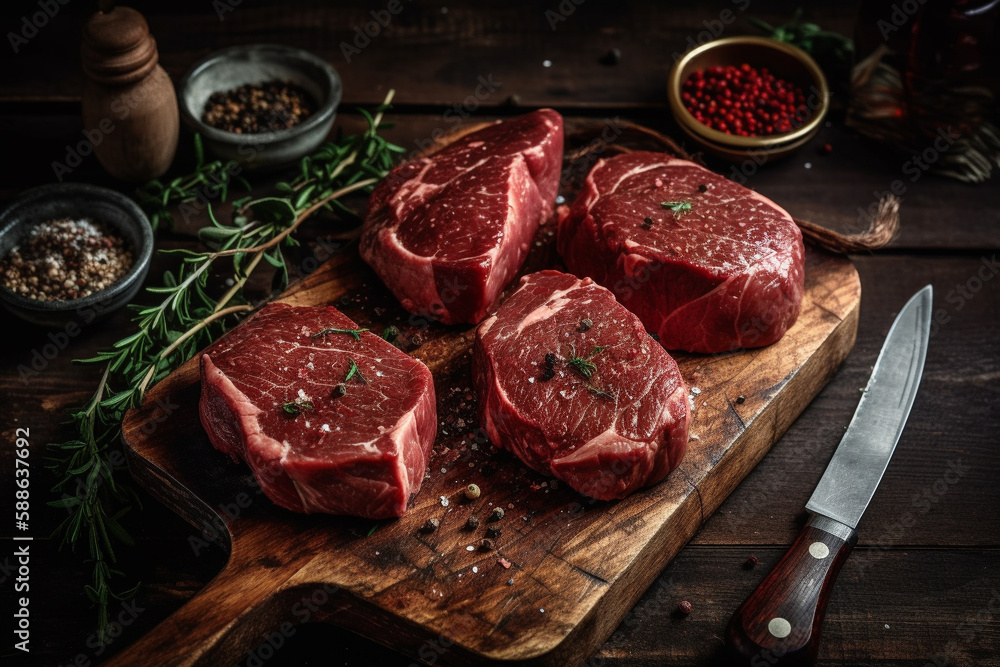 Wall mural Variety raw beef steaks for grilling with spices and utensils on dark rustic board
