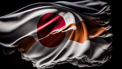 Country Flag of Japan in Explosion or Splashing With White Smoke Wind on Dark Backdrop AI Generative
