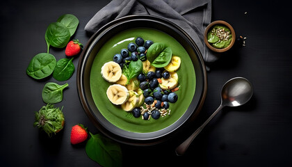 Savor the delightful taste of a breakfast detox green smoothie bowl, skillfully crafted from bananas and spinach, Top view beautifully presented on a black background.