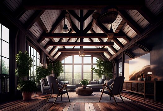 Luxurious Terrace With Stunning Wood Flooring And Exposed Beam Ceiling. Generative AI